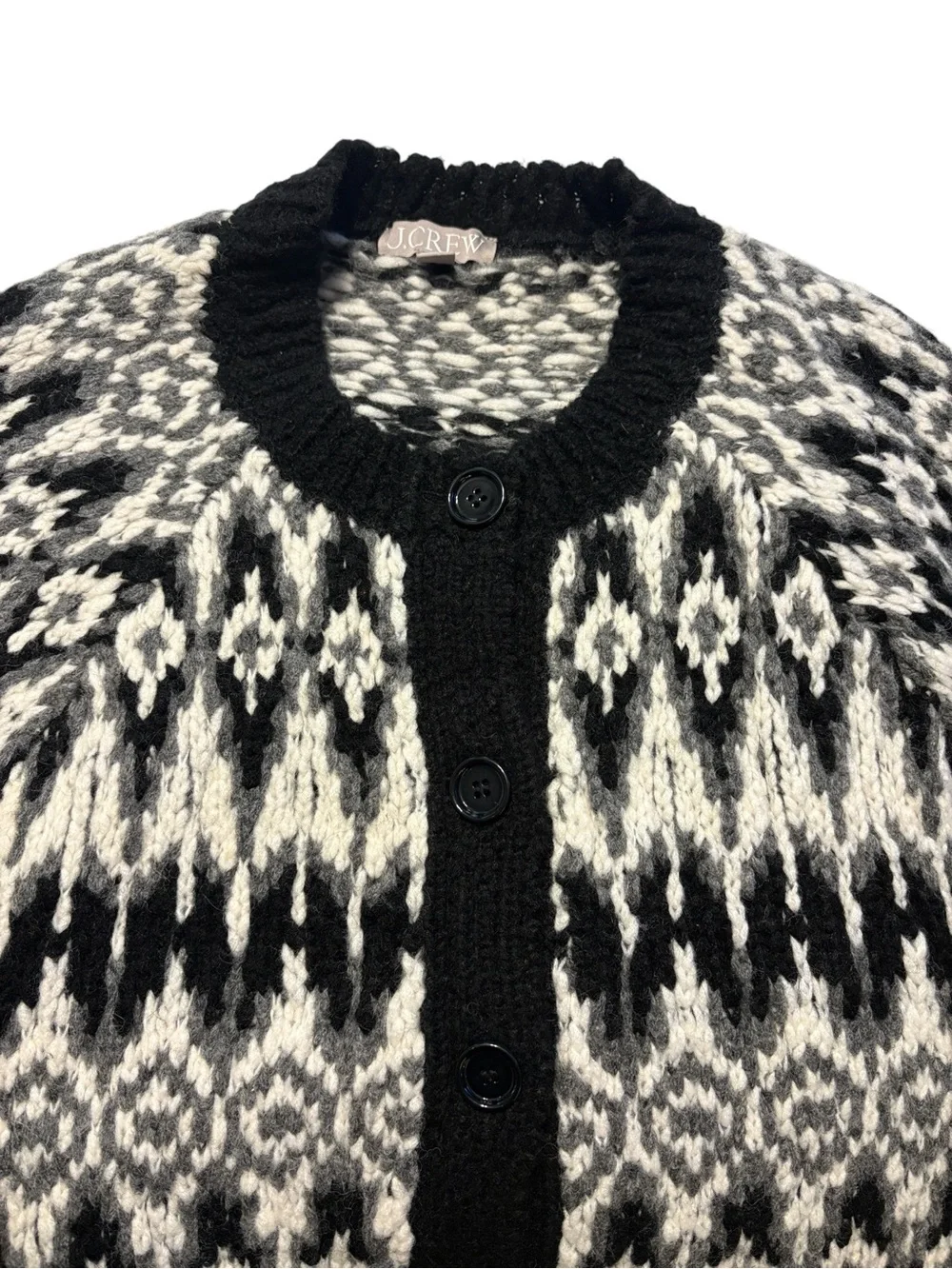 J. Crew Cropped Fair Isle Cardigan Size Medium Black White Textured Chunky Wool